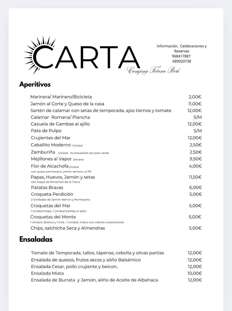 Carta de Camping Totana, página 1