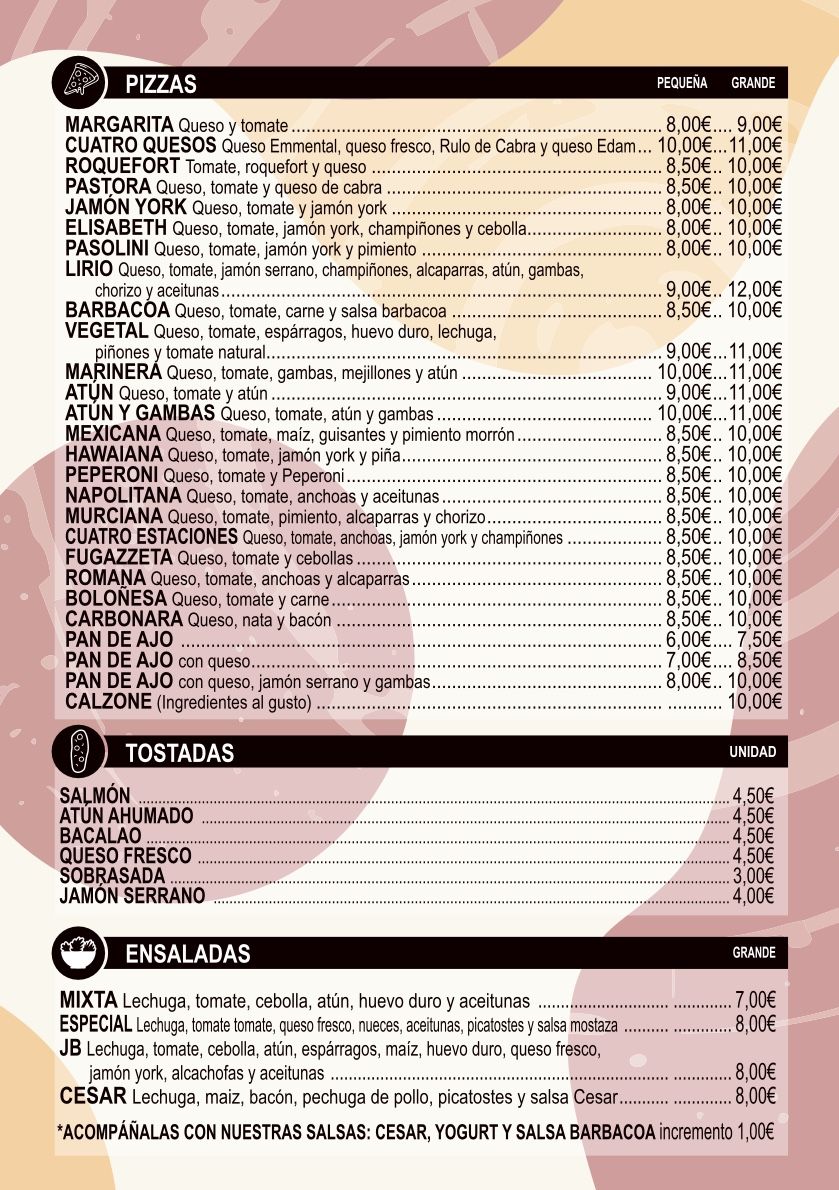 Carta de Pizzería - Burger J&B, página 2