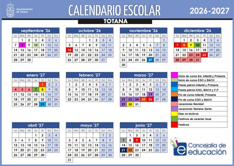 El próximo 8 de septiembre arrancan las clases del nuevo curso escolar 2026/2027 en Educación Infantil y Primaria en Totana